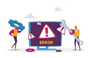 TSB IT migration failure: cartoon workmen try to fix a giant monitor emblazoned with the word 'Error'.