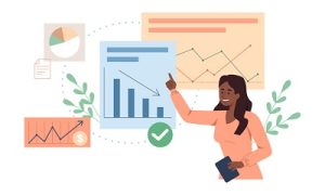 A happy businesswoman presenting data using easy-to-read graphics and charts 