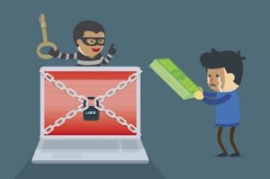 NHS Wannacry: a cartoon thief locks up a computer and a user tries to hand him money.