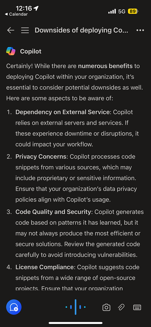 Screenshot of Matthew Geyman's phone showing Copilot listing its limitations. 
