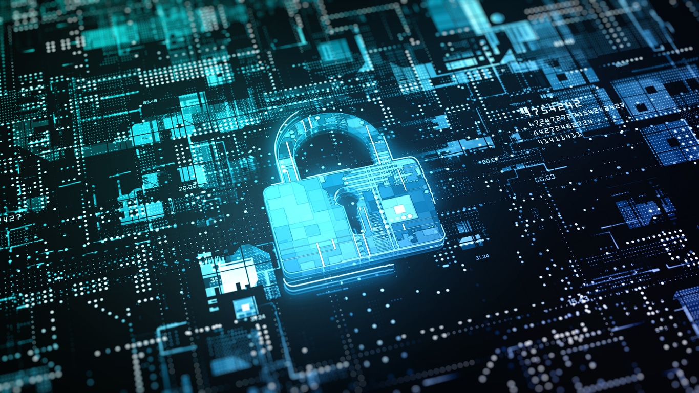 Blue padlock against a background of computer hardware and circuits showing concept of cyber security for Intersys Ltd.