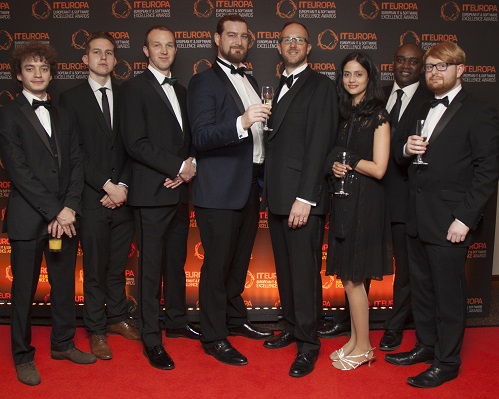 IT Europa Awards night 2019, showing several Intersys people in tuxedos and posh dresses receiving an award.