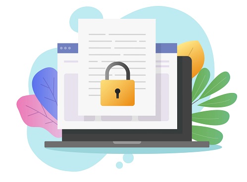 Document secure confidential online access on computer laptop or internet web privacy protection on text file vector flat cartoon, concept of private secret website data lock modern design colorful