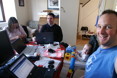 Matthew, Tony, Catherine and baby attend an early team meeting
