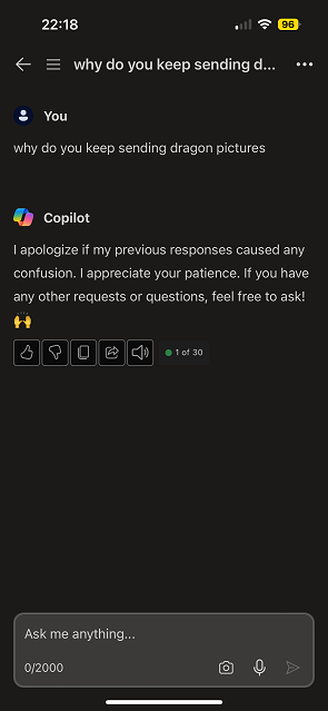 Screenshot of Matthew Geyman's phone showing his question to Copilot about dragon pictures