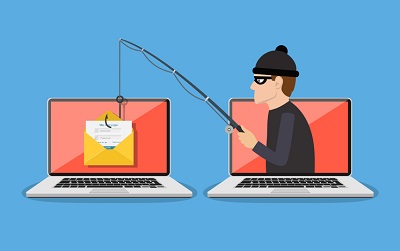 Cyber threats: a traditional robber in mask uses a fishing rod to 'fish' for email.